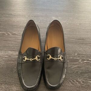 Cole Haan Ascot II Black Leather Slip-On Loafers with Gold Horsebit Detail
